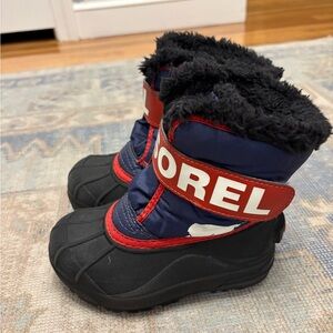 Sorel Kids' Black and Blue Winter Boots with Red Accents